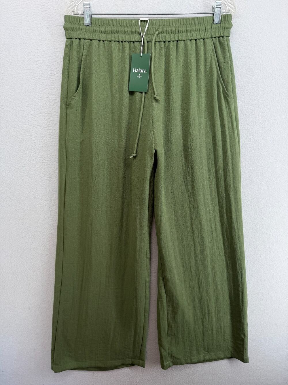 HALARA Pants L Linen Feel Wide Leg Baggy High Waisted Drawstring Green NEW